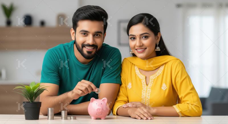 A couple sitting together on a sofa is happily depositing coins