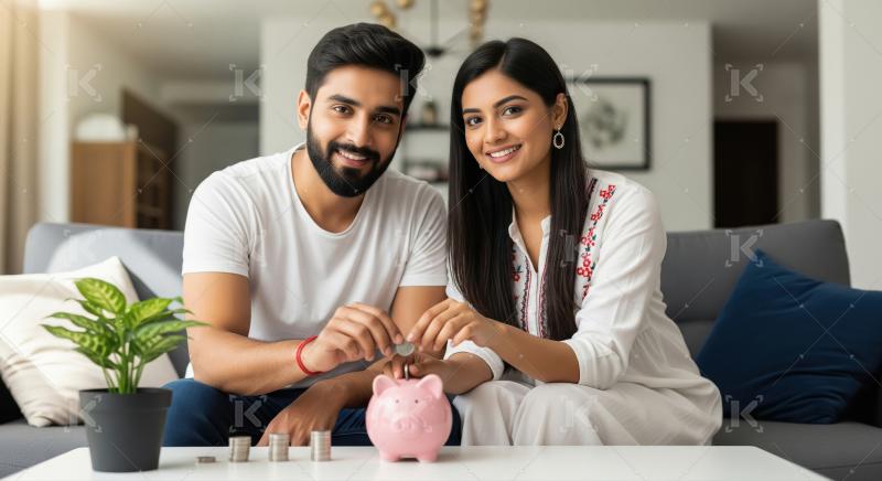 A couple sitting together on a sofa is happily depositing coins