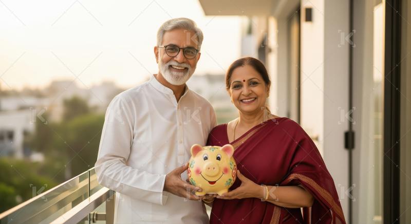 An elderly Indian couple smiles warmly while holding a decorativ