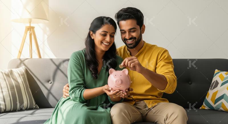 A happy couple sitting closely together on a modern sofa holds a