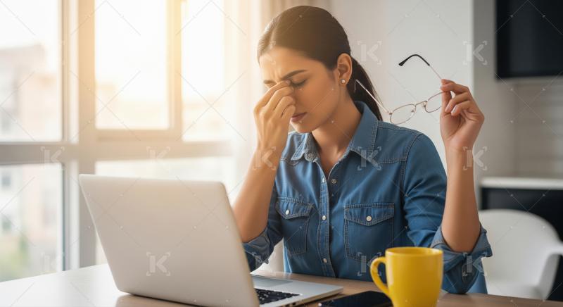 A businesswoman sits at a desk looking stressed while working on