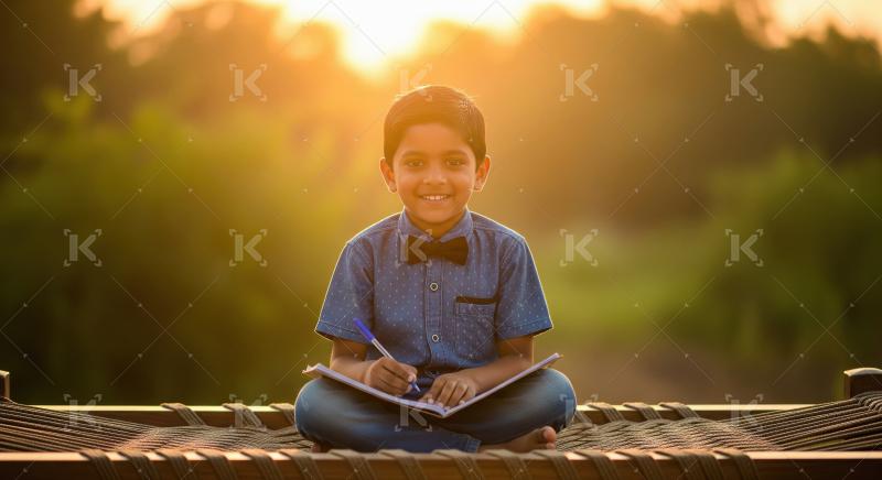 A little boy is sitting cross-legged on a hammock, writing in a