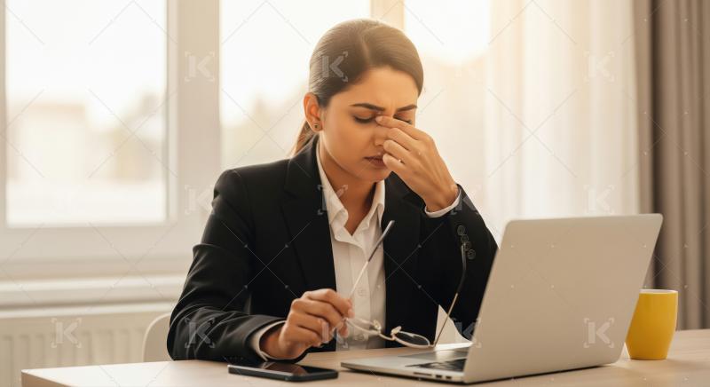 A businesswoman sits at a desk looking stressed while working on