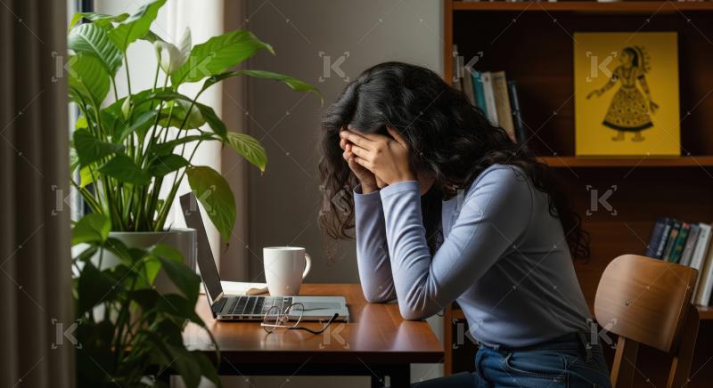 A businesswoman sits at a desk looking stressed while working on