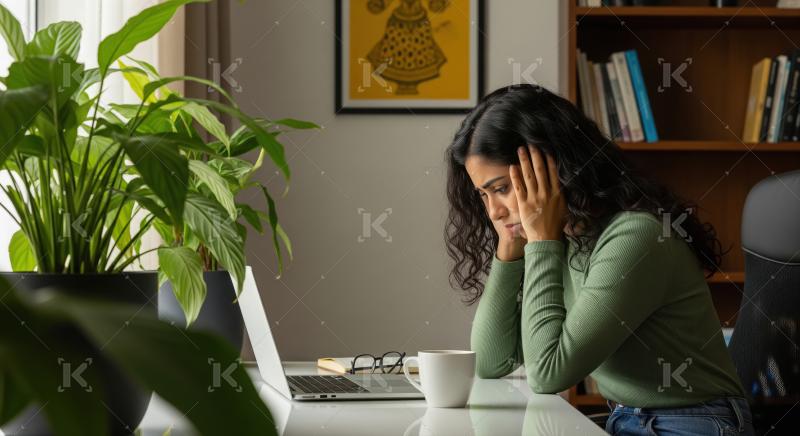 A businesswoman sits at a desk looking stressed while working on