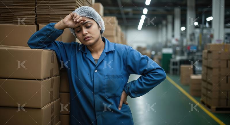 A female factory worker in uniform tiredly against stacked boxes