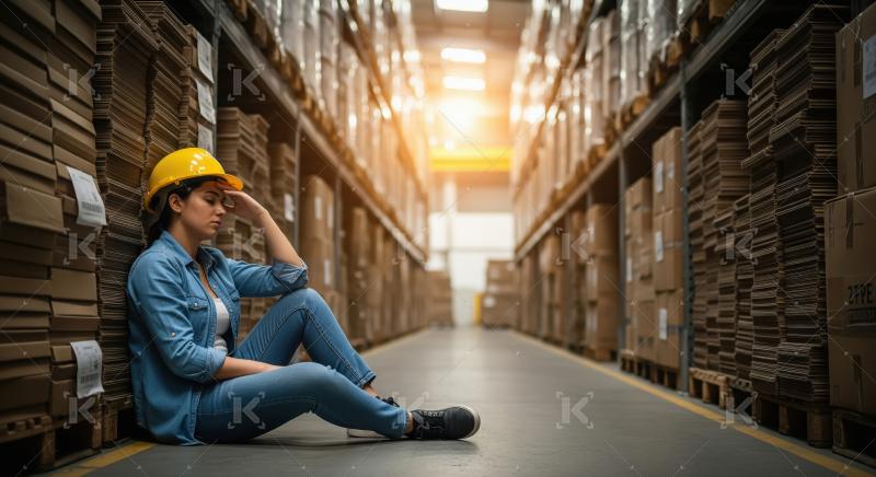 A female factory worker in uniform tiredly against stacked boxes