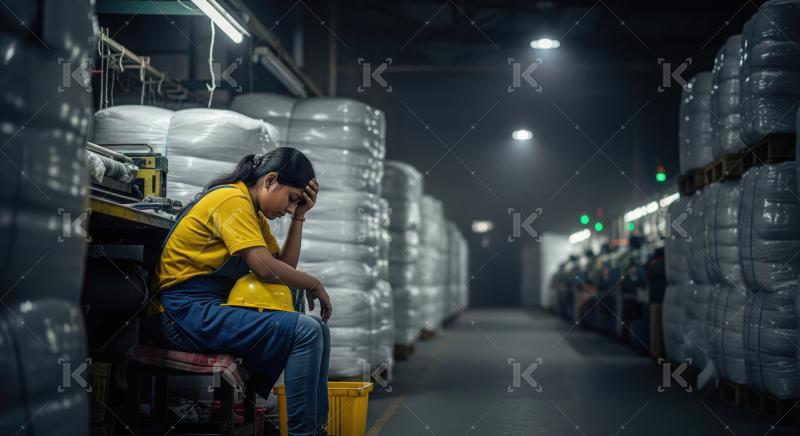 A female factory worker in uniform tiredly against stacked boxes