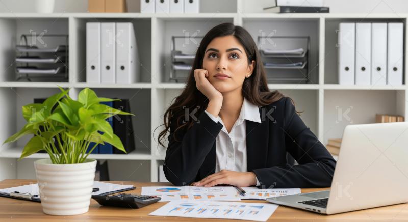 A businesswoman sits at a desk looking stressed while working on