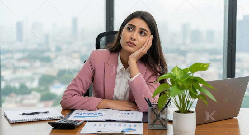 A businesswoman sits at a desk looking stressed while working on