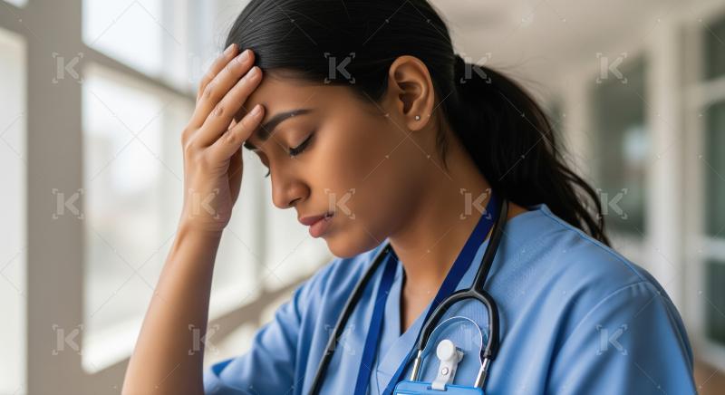 A female healthcare professional in blue scrubs, looking stresse