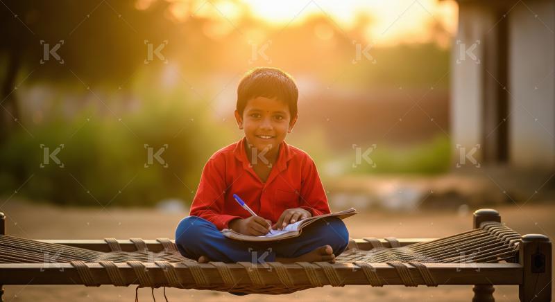 A little boy is sitting cross-legged on a hammock, writing in a