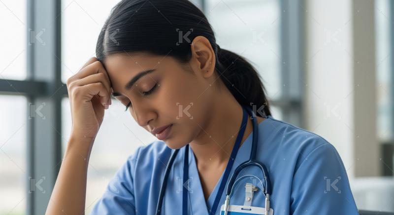A female healthcare professional in blue scrubs, looking stresse