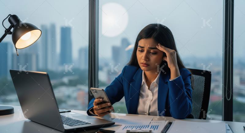 A stressed businesswoman sits at her desk holding a smartphone a