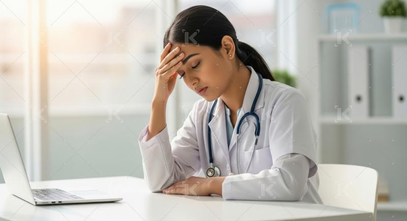 A female healthcare professional in blue scrubs, looking stresse