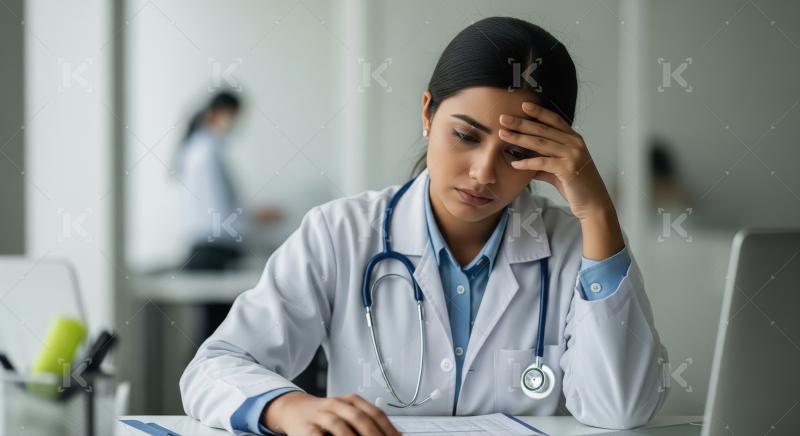 A female healthcare professional in blue scrubs, looking stresse