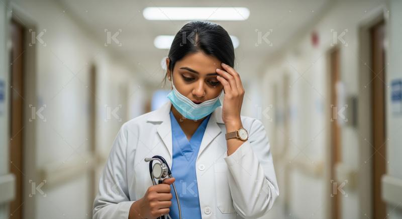 A female healthcare professional in blue scrubs, looking stresse