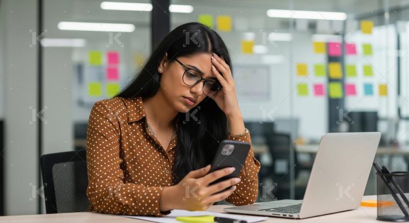 A stressed businesswoman sits at her desk holding a smartphone a