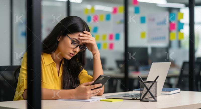 A stressed businesswoman sits at her desk holding a smartphone a