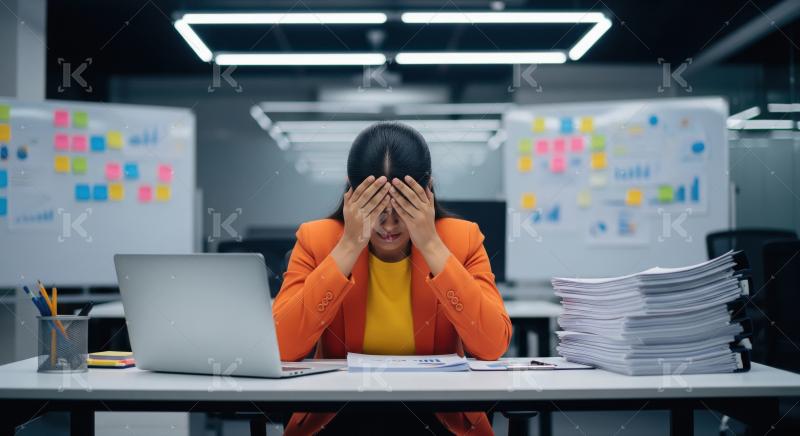 A businesswoman sits at a desk looking stressed while working on
