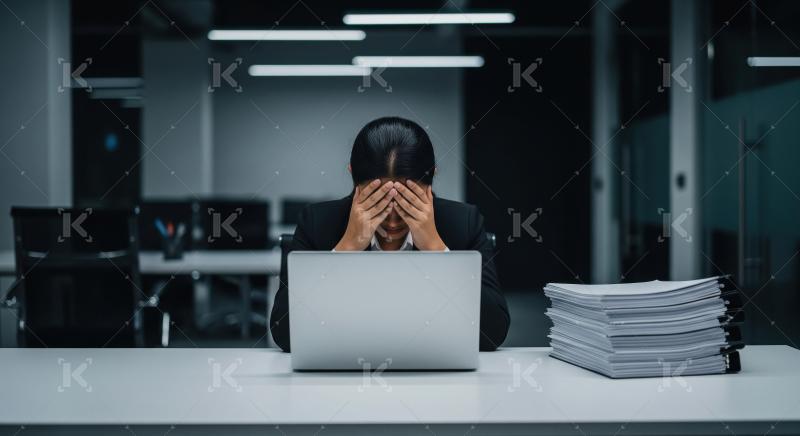 A businesswoman in grey checks holds her head, looking stressed