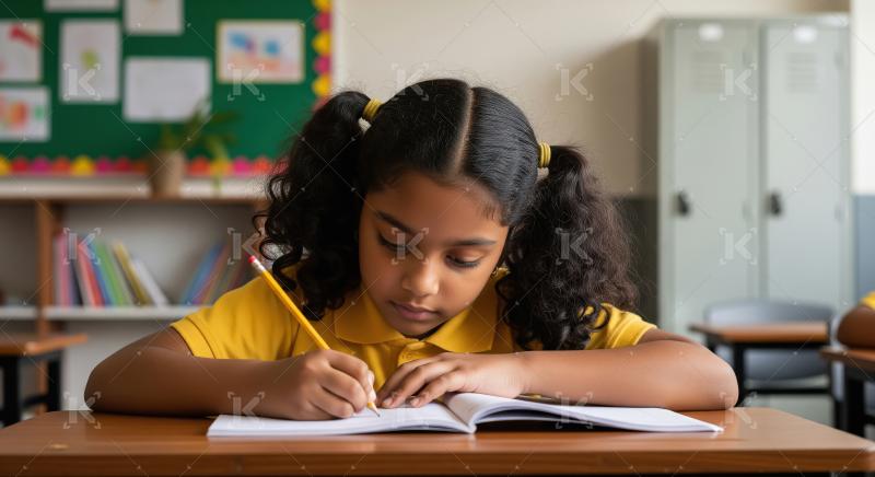 Indian school girl is writing attentively in her notebook