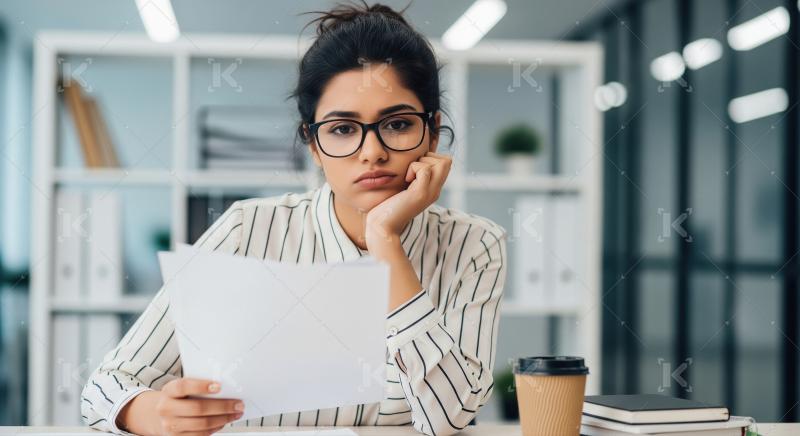 A businesswoman in a blue suit sits at her desk with her head in