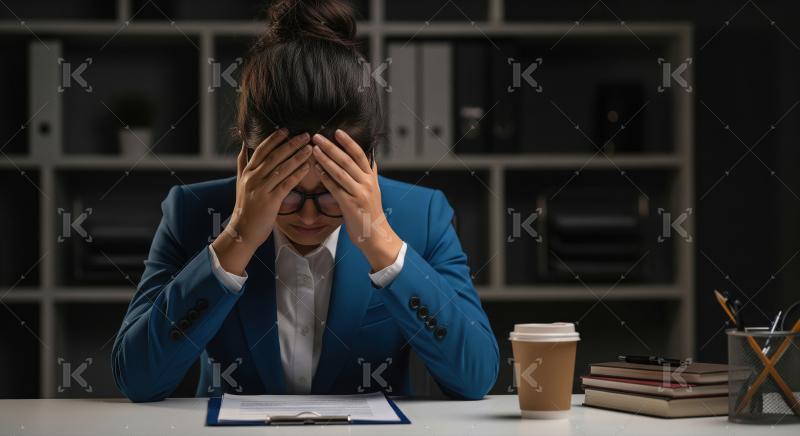 A businesswoman in a blue suit sits at her desk with her head in
