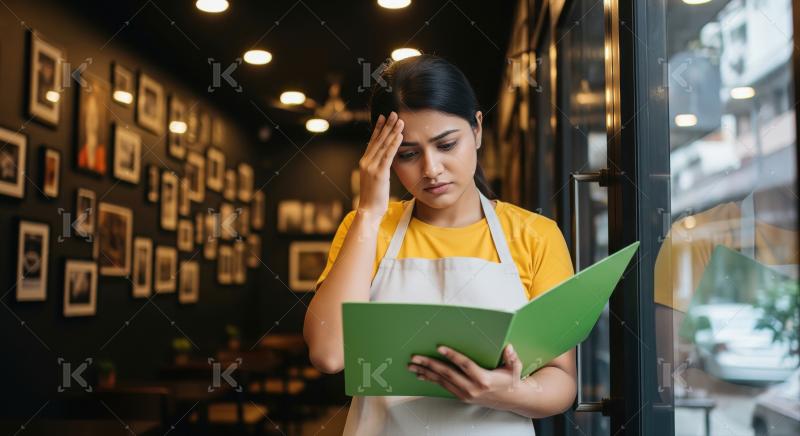 A woman in a apron stands in a restaurant, looking stressed whil