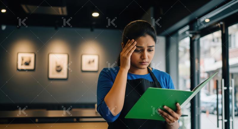 A woman in a apron stands in a restaurant, looking stressed whil