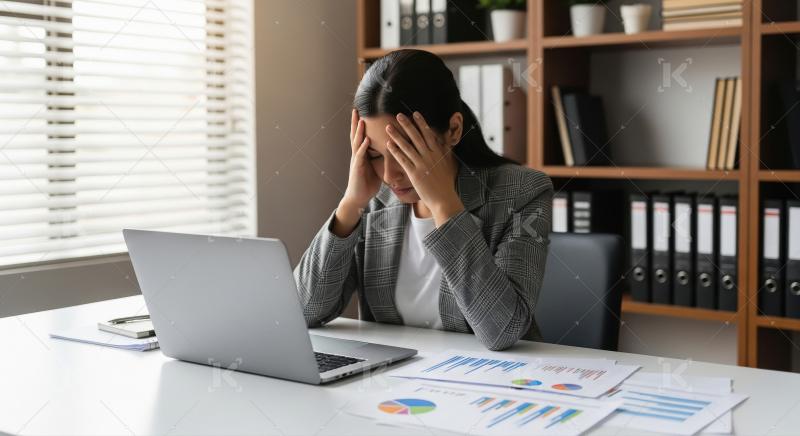 A businesswoman in grey checks holds her head, looking stressed