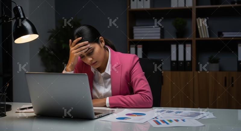 A businesswoman in grey checks holds her head, looking stressed