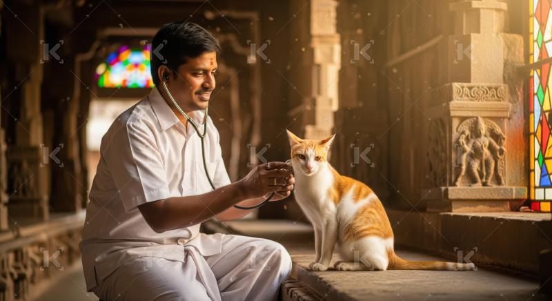 A smiling veterinarian in traditional attire gently examines a c