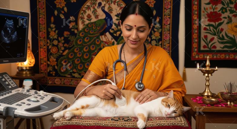An Indian female veterinarian in a sari gently performs an ultra