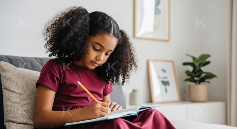 Indian school girl is writing attentively in her notebook