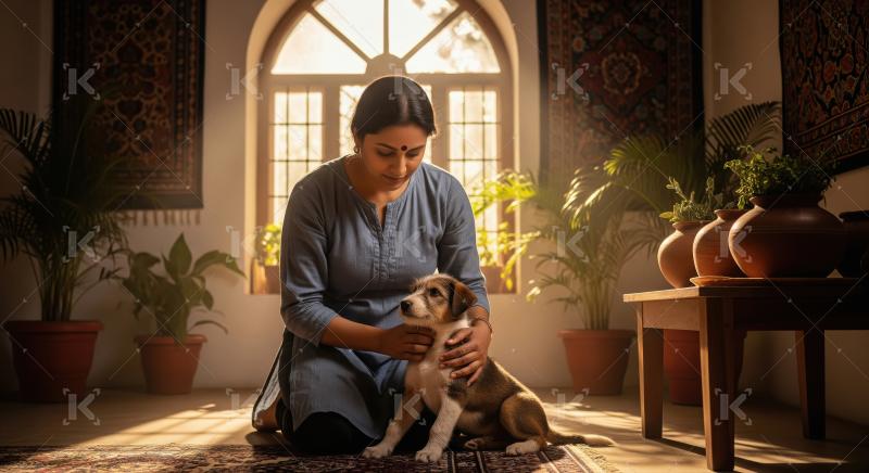 A female veterinarian in a blue coat is gently hugging a golden
