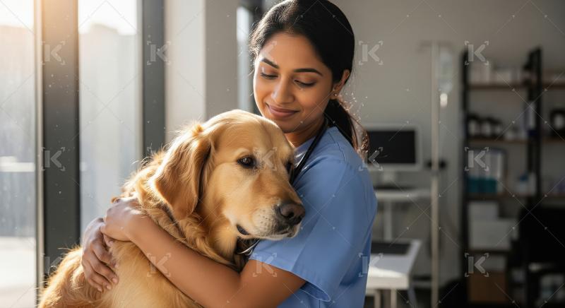 A female veterinarian in a blue coat is gently hugging a golden