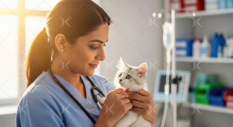 A female veterinarian in blue scrubs gently holds a white kitten