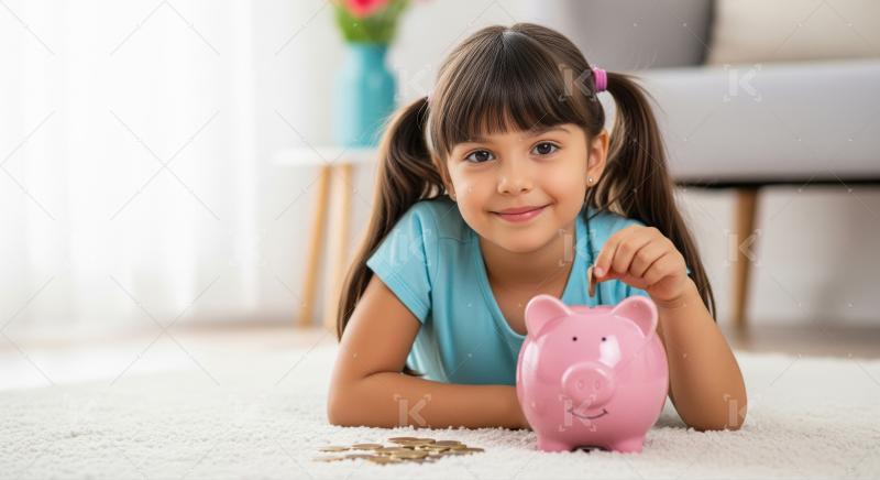A little girl gleefully saves coins in a piggy bank while sittin