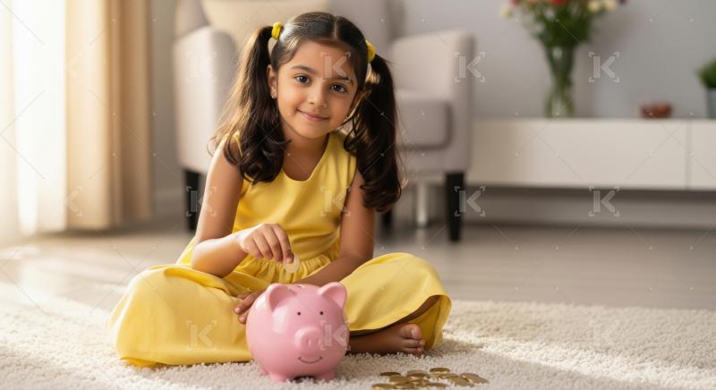 A little girl gleefully saves coins in a piggy bank while sittin