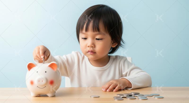 A little girl gleefully saves coins in a piggy bank while sittin