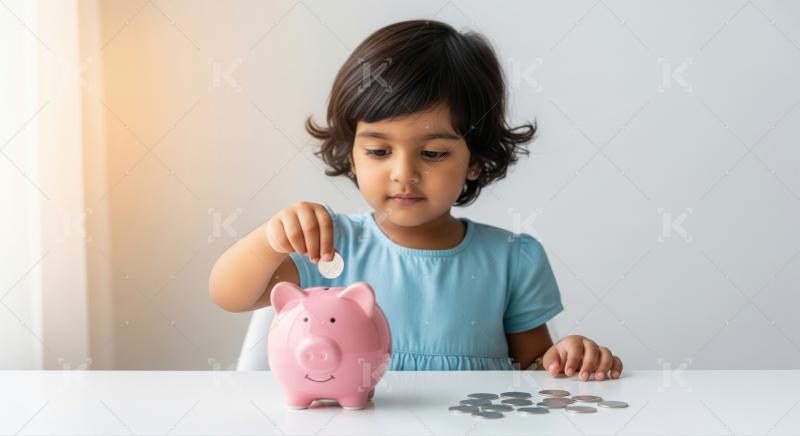A little girl gleefully saves coins in a piggy bank while sittin