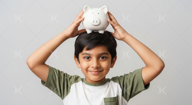 A young child holds a white piggy bank on top of their head, sym