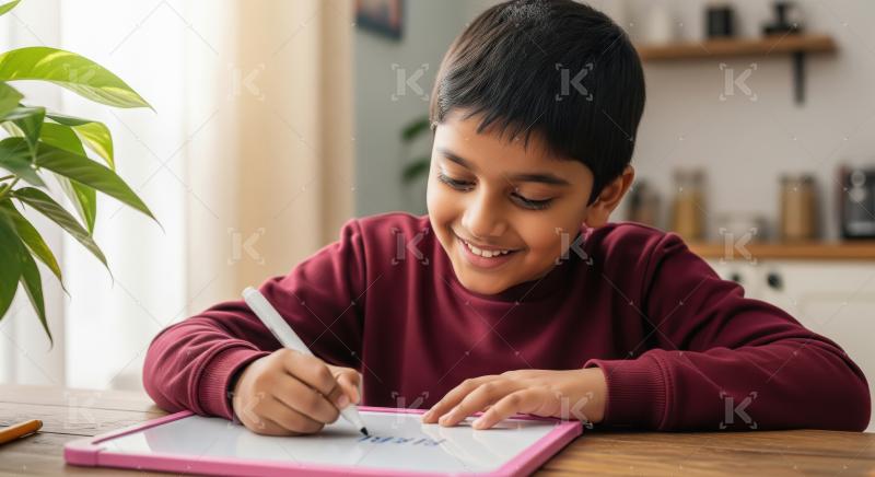 A little boy in a sweater is concentrating while drawing on a di