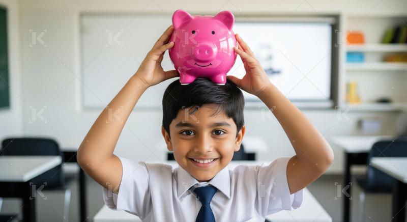 A young child holds a white piggy bank on top of their head, sym