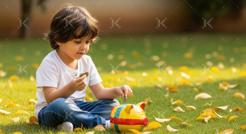A little child sits on the grass in autumn, putting coins into a