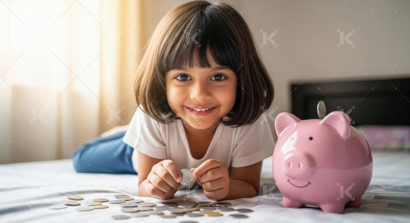 A little girl gleefully saves coins in a piggy bank while sittin