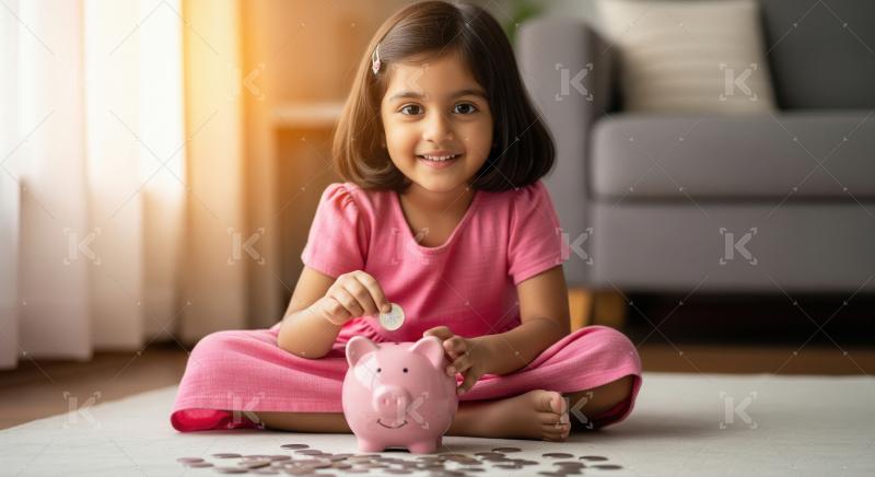 A little girl gleefully saves coins in a piggy bank while sittin