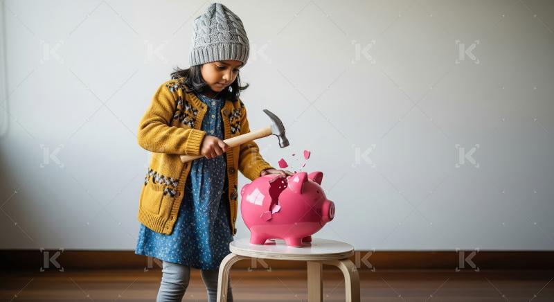 A little girl in a wool hat and sweater stands with a hammer, po