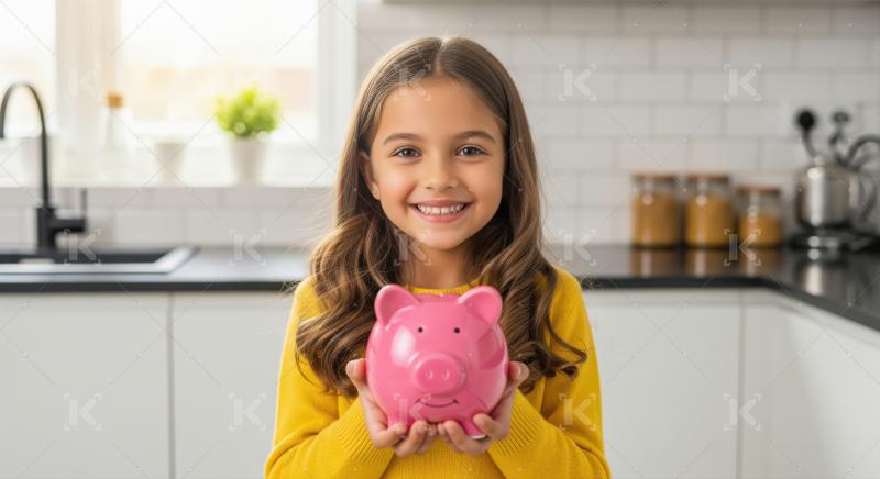 A young girl holds out a pink piggy bank, inviting the viewer to